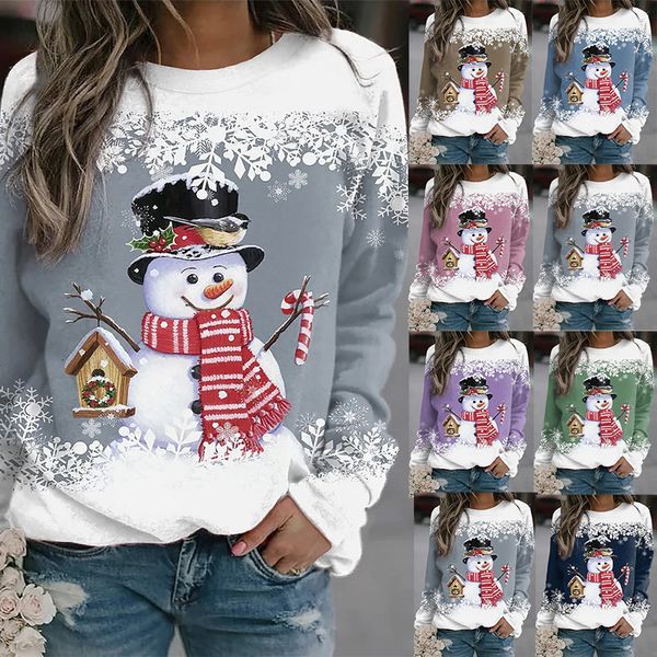 women's t-shirt autumn winter women's t-shirt christmas snowman y2k print long-sleeved stitching loose casual round neck pullover, White